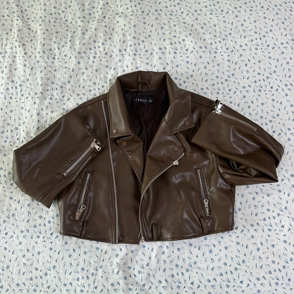 Lioness Brown Staten Island Cropped Leather Jacket